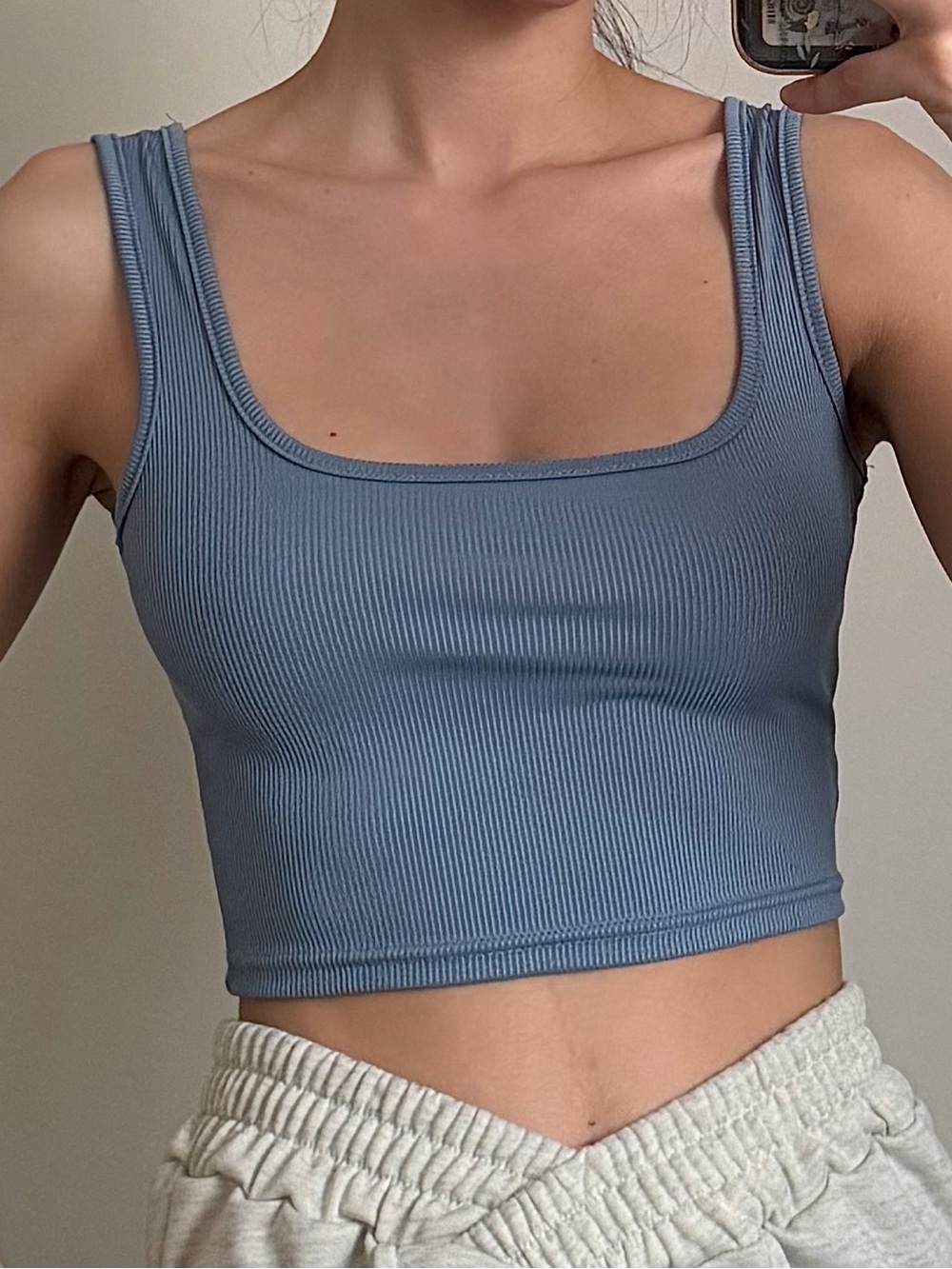 Ribbed Square-Neck Crop Tank - Light Blue